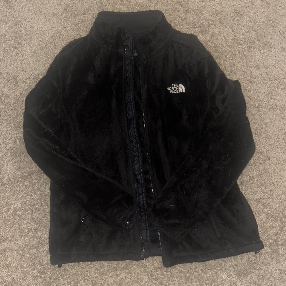 Black North Face furry zip up jacket size women’s XL